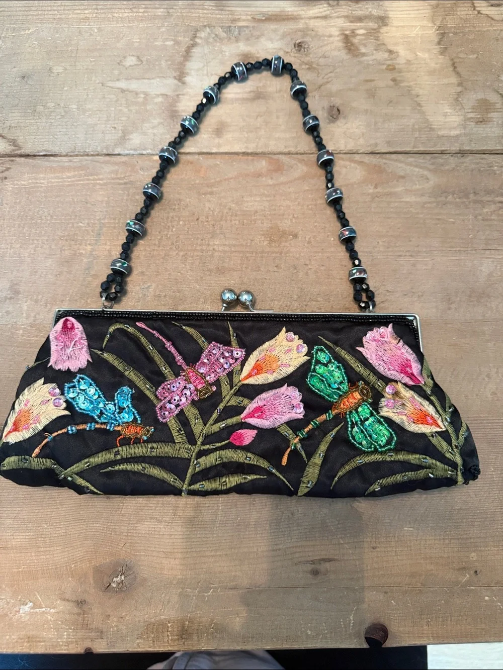 Embroidered Dragonfly Evening Clutch - Black - Picture 3 of 9